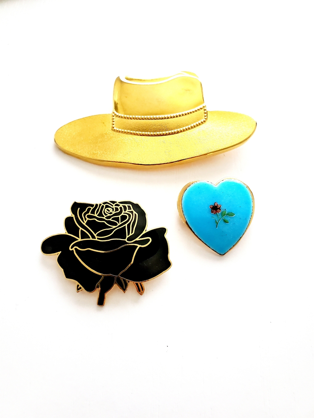 Gold Hat, Black Rose & Turquoise Heart Enamel Pin Set - Women Jewelry